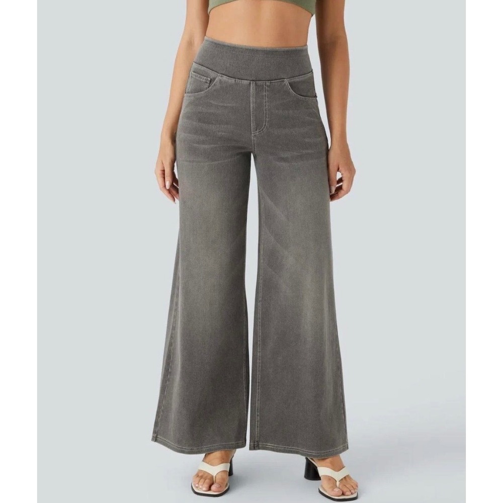 Halara Womens Petite S Grey Wide Leg High Waisted Pull On Stretch Denim Pants